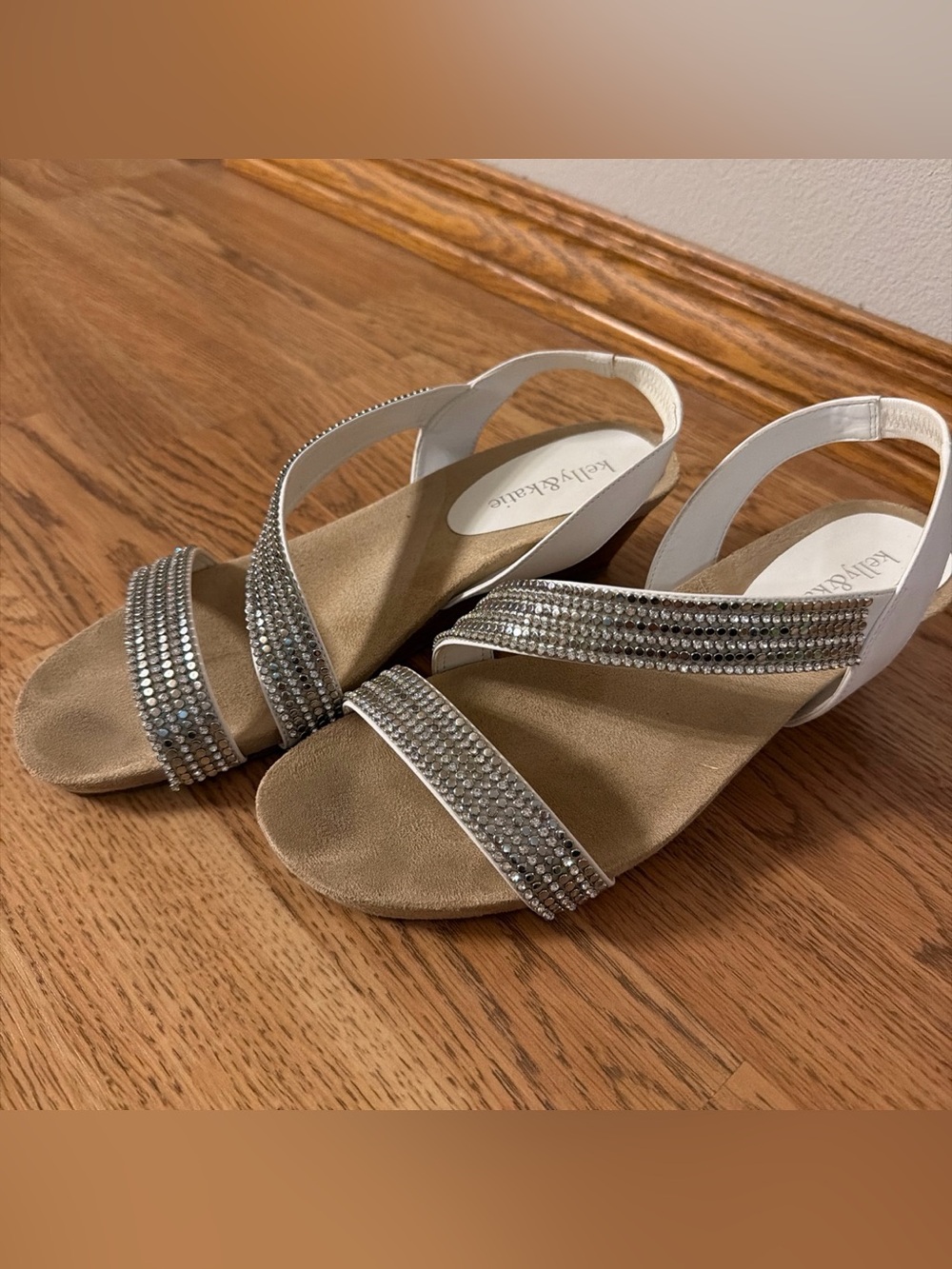 Kelly & Katie White and Tan Slingback Sandals with Silver Rhinestones